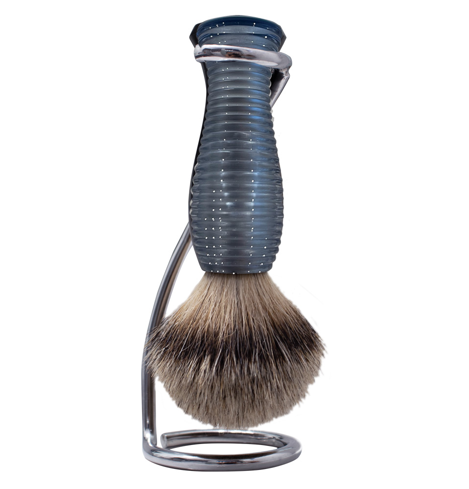 twist stand with blue ribbed silvertip shaving brush